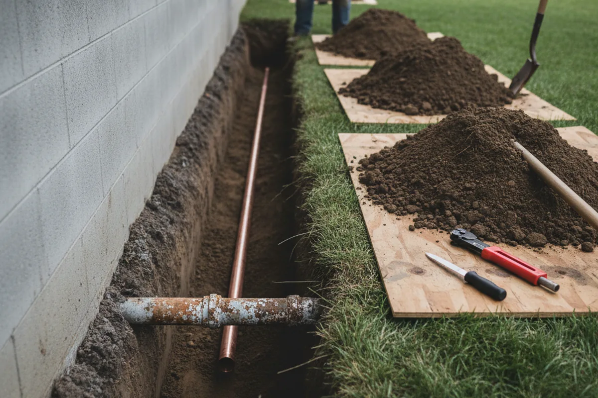Excavated water line trench during Water Softener Installation in Swain
